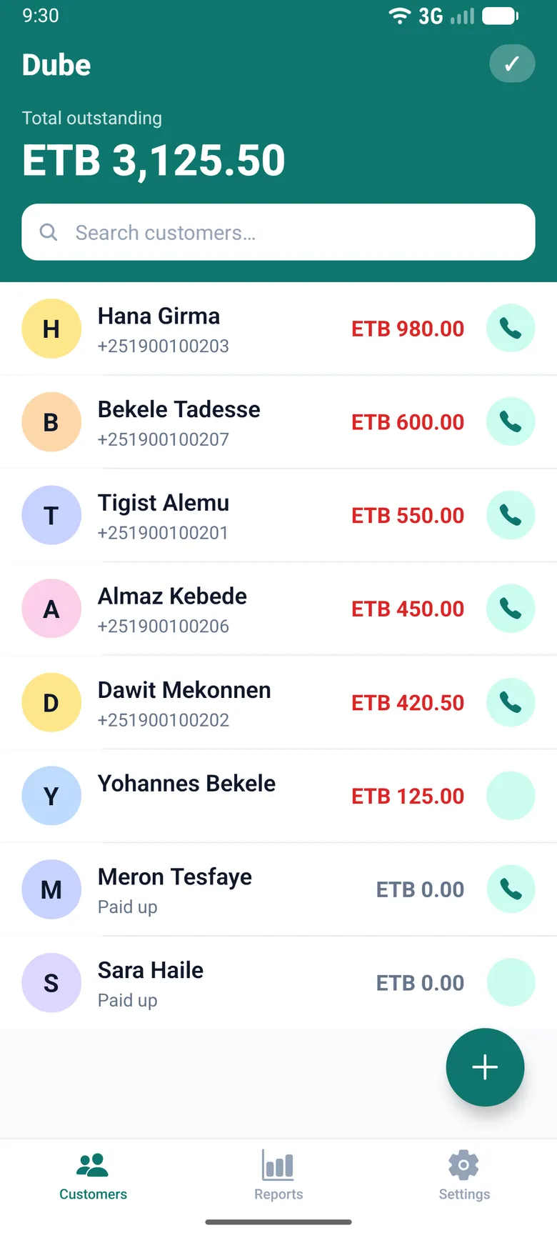 Dube home screen showing ETB 3,125.50 total outstanding and a list of customers with their balances and call buttons
