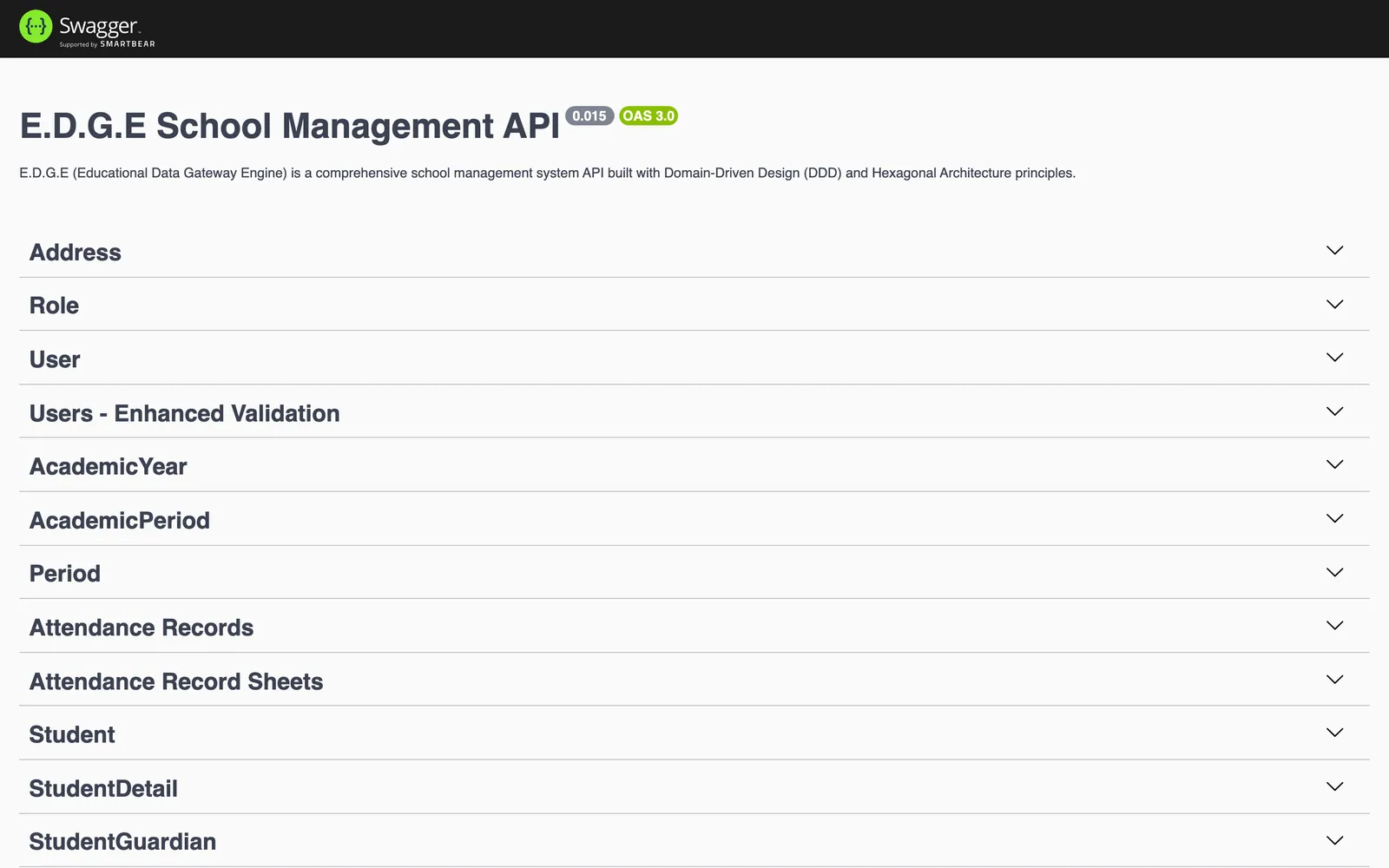 Swagger UI for the E.D.G.E School Management API with its description and the first endpoint groups